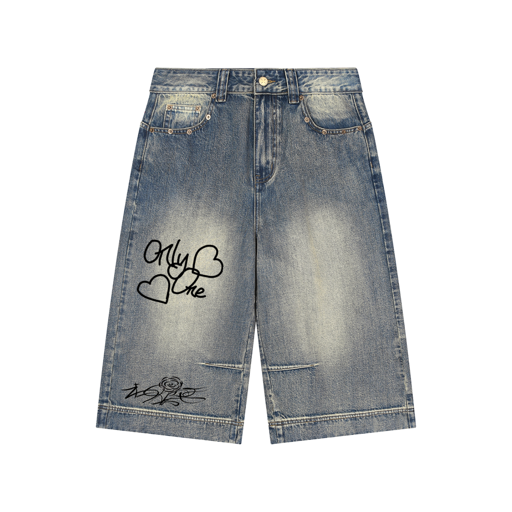 “Only One ‘Rose” Vintage Wash Baggy Denim Shorts