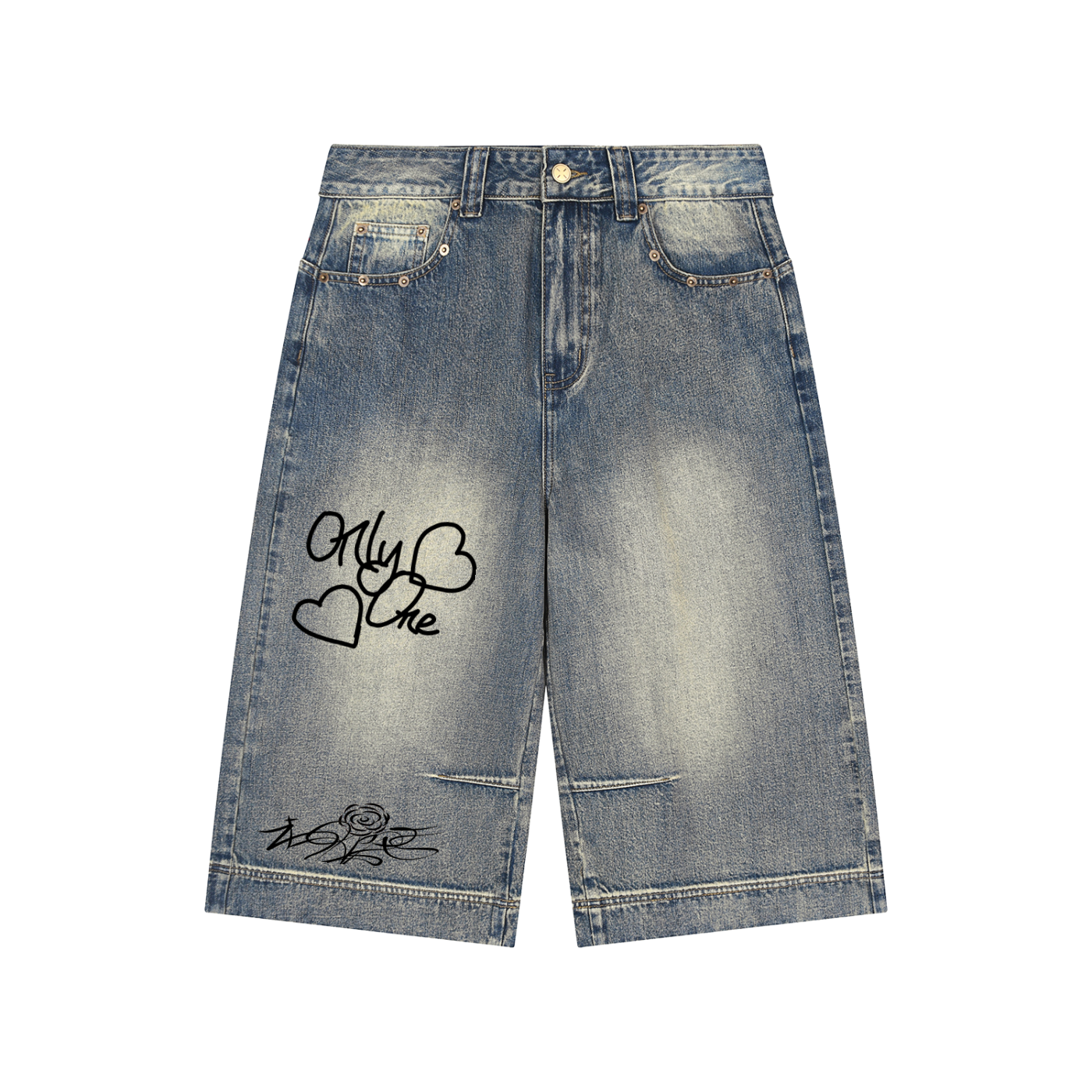 “Only One ‘Rose” Vintage Wash Baggy Denim Shorts